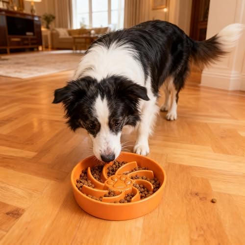 Ceramic Slow Feeder Dog Bowl, 3 Cup Dog Food or 25oz Water, Slow Eating Bowl for Middle Breed, Maze Puzzle Feeder for Fast Eaters, Anti-Choking Stop Bloat, Non-Slip BPA Free (Orange)