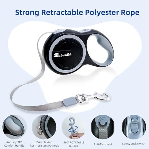 OUTnWILD Retractable Dog Leash - Retractable Dog Leash 16ft for Small/Medium Breeds/Pets Up to 44lbs. 360° Tangle Free Design with One Touch Quick-Lock Braking System&Anti-Slip Handle. (Black, M)