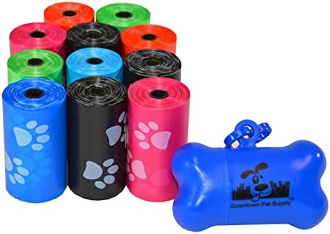Downtown Pet Supply Poop Bags for Dogs with Dispenser, 220 Count - Leak-Proof Dog Waste Bags and Bone-Shaped Dog Poop Bags Holder for Leash - Rainbow with Paw Prints, 12.5" x 8.5"