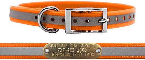 Reflective Waterproof D-Ring Dog Collar w Custom Name Tag, Orange