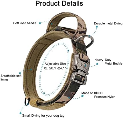 Tactical Dog Collar Adjustable Military Collar: - Nylon K9 Collars with Handle and Heavy Duty Metal Buckle for Medium and Large Dogs with 3 Patches and Airtag Case Holder (XL, Camo-Set)