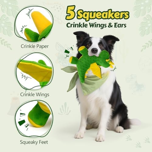 Squeaky Dog Toy - Plush Dragon with 5 Squeakers and Crinkle Wings
