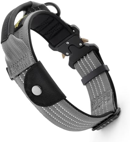 Plutus Pet Tactical Dog Collar with Pocket for AirTag, Gray, L