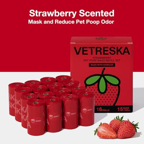 VETRESKA Dog Poop Bag with Handles 240 Count, Strawberry Scented Waste Bag