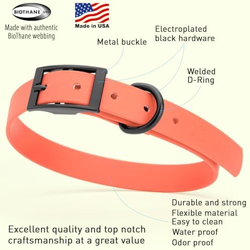 Dogline Biothane Waterproof Dog Collar Strong Coated Nylon Webbing with Black Hardware Odor- Proof for Easy Care Easy to Clean High Performance Fits Small Medium or Large Dogs, Coral