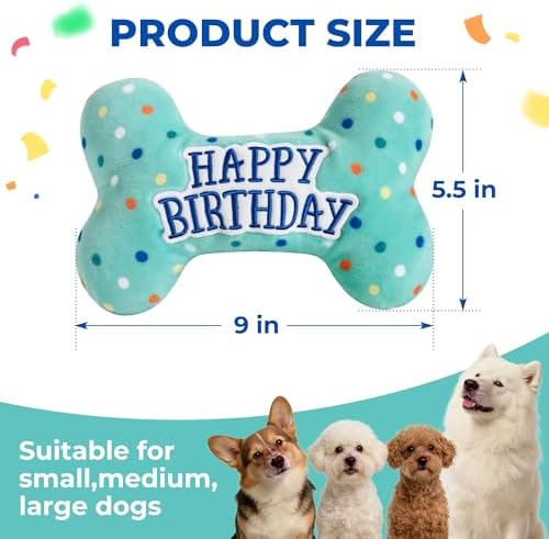 PrimePets Dog Birthday Toys, Plush Dog Squeaky Toys, Stuffed Puppy Chew Toy for Small Medium Large Dogs, Bone Pet Toy