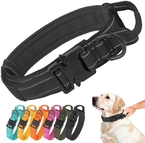 Tactical Dog Collar Military Adjustable Pet Collar with Control Handle, Reflective Heavy‑Duty Metal Buckle, Soft Padded Nylon Training Collar for Medium Large Dogs (Black, Large)