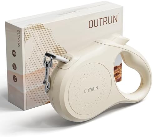 OUTRUN Retractable Dog Leash 16.5 FT Walking Leash up to 55 Lbs, Strong Nylon Tape No Tangle, Heavy Duty One-Handed Brake Lock Perfect for Small & Medium Sized Dogs and Pets (Cream White)