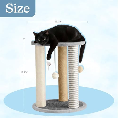 Cat Scratching Post - 3 Scratcher Posts with Carpeted Scratch Pad Base and Perch - Furniture Scratching Deterrent for Indoor Cats by PETMAKER (Gray)