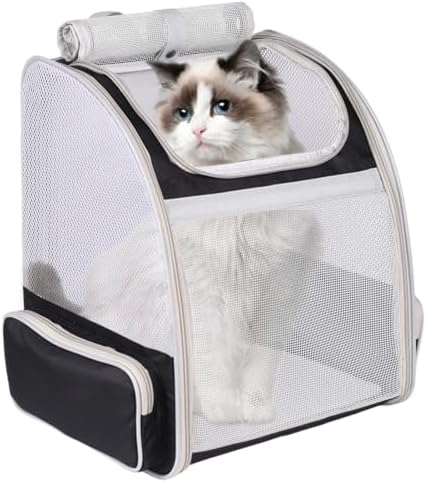 Backpack to Carry Cat and Small Puppy up to 16 Pounds, Breathable Pet Carrier to Transport Kitten Rabbit to Vet Visit Bag, Airline Approved Collapsible Black