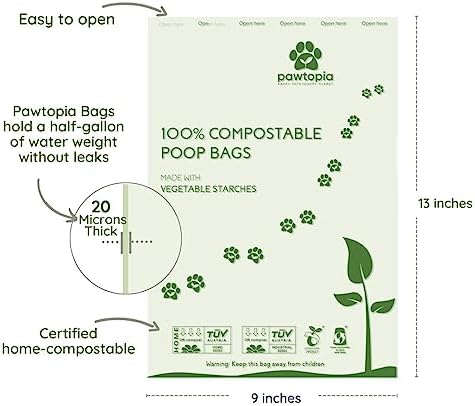 Pawtopia Biodegradable Dog Poop Bags, 60 Count, Certified Home Compostable, Leak-Proof, Easy Open
