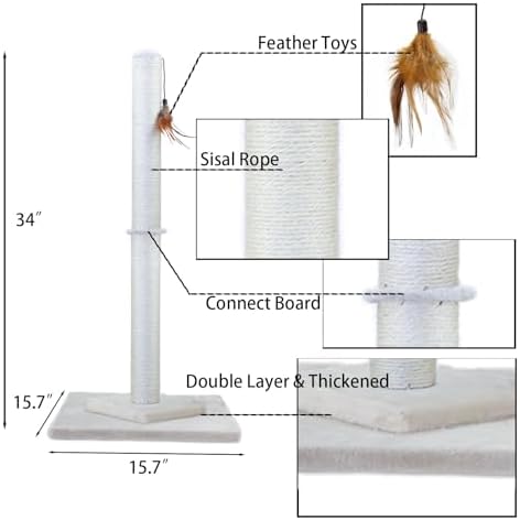 Hutpet 34" Tall Cat Scratching Post Double Base and Reinforcement Design,Sisal Scratch Posts Trees with Feather Toys for Indoor Cats (Beige)