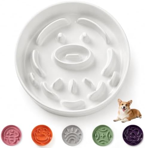 Ceramic Slow Feeder Dog Bowl, 1.8 Cups Anti -Slip Slow Feeding Bowl to Slow Down Eating, 8.2 Inch Dog Food Dish for Medium to Large Breeds, White