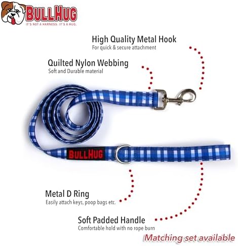 BULLHUG 6 FT Bulldog Leash with Padded Handle. Perfect for Bulldogs, French Bulldogs, Pugs & All Breeds. Leashes for Walking, Training Lead for Bulldogs (Blue Plaid)