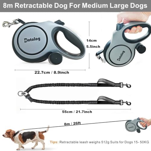 Retractable Dog Leash, 26ft Retractable Lead with Bungee Leads for 2 Dogs, Double Leash with Dog Safety Harness Buckle, Extendable Lead 8m for Medium Large Dogs (Gray, 8m)