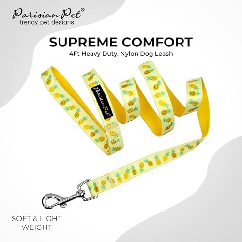 Parisian Pet Pineapple Dog Leash - Nylon Heavy Duty Training Yellow Leashes for Dogs with Comfortable Handle - Strong Metal Clip 4Ft Puppy Leash - Durable Chew Proof Leashes for Small and Medium Dogs