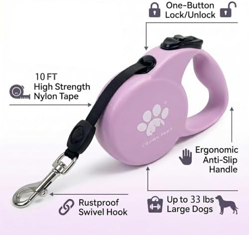 Chew Proof Retractable Dog Leash for Small Dogs up to 33lbs, 10ft Heavy Duty Dog Lead with Anti-Chewing Steel Wire Rope, Tangle-Free, One-Hand Brake & Lock, Pink S