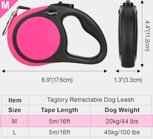 Taglory Retractable Dog Leash, One-Handed Brake, 16ft, Up to 44 lbs, Pink
