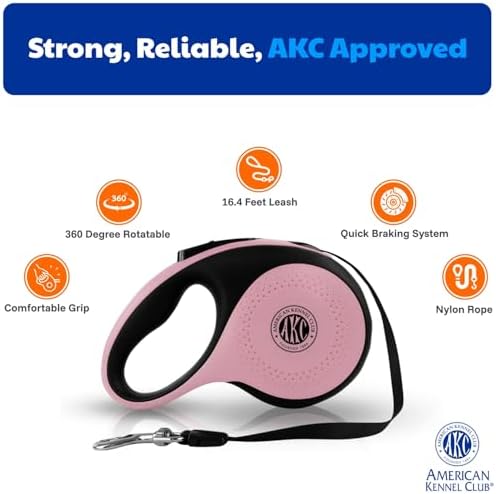 American Kennel Club Retractable Dog Leash, 16.4ft, Tangle-Free, Ergonomic Grip, One-Hand Brake, for Medium & Large Dogs up to 66 lbs, White