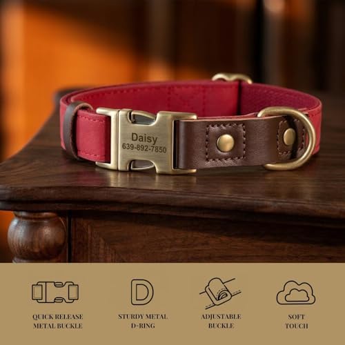 Personalized PU Leather Dog Collars, Quick Release Buckle, Red,XL