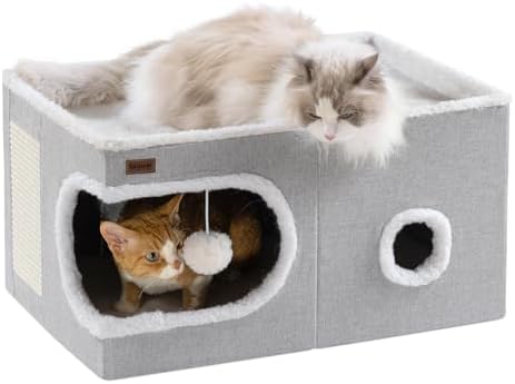 Garnpet Cat Bed for Indoor Cats Cube House, Covered Cat Cave Beds & Furniture with Scratch Pad and Hideaway Tent, Cute Modern Cat Condo for Multi Small Pet Large Kitten Kitty, Large, Grey