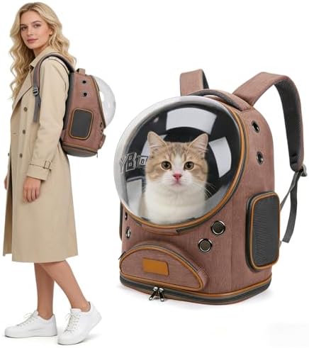 Cat Backpack Carrier, Breathable Cat Carrier Large Space Bubble Pet Backpack for Small Dog and Large cat up to 18lbs, Transparent & Foldable Pet Carrier for Travel Hiking (Brown)