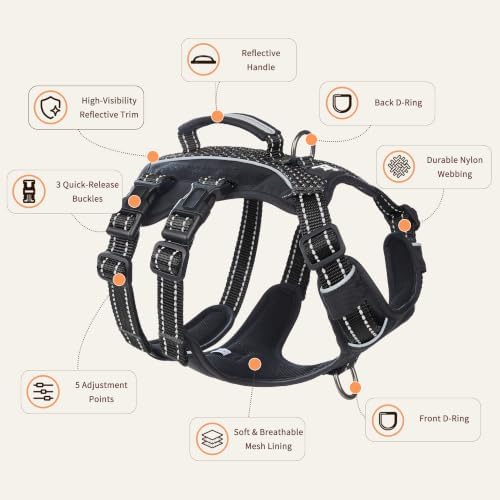 Huntboo Service Dog Vest Harness, Escape Proof Harness with 6 Patches, No-Pull, Reflective Harness with Handle, Adjustable for Small to Large Dogs, for Training and Hiking (Black, XS)