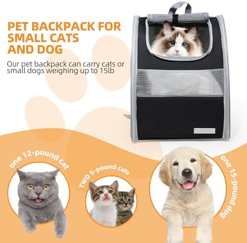 Cat Carrier Backpack with Reflector with Safety Leash Up to 15Lbs,Pet Carrier for Small Dogs and Medium Cats Kitten Puppy Bunny,Foldable Small Medium Dog Travel Carrier Backpack,Black