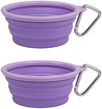 Collapsible Silicone Water Travel Bowl with Clip for Dog and Cat, Portable and Durable Pop-up Feeder for Convenient On-The-go Feeding – Size: Small (1.5 Cups) Purple – 2 Pack