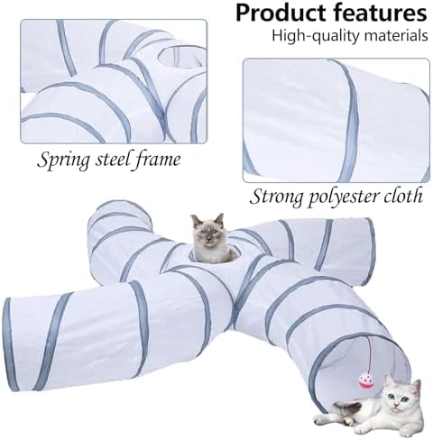 EGETOTA Cat Tunnel for Indoor Cats Large, with Play Ball S-Shape 4 Way Collapsible Interactive Peek Hole Pet Tube Toys, Puppy, Kitty, Kitten, Rabbit (S4 - White & Grey)
