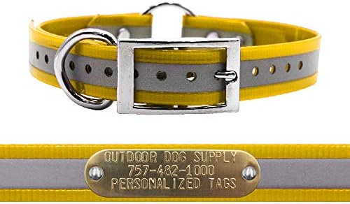 Reflective D & Center Ring Dog Collar w Custom Name Tag, School Bus Yellow