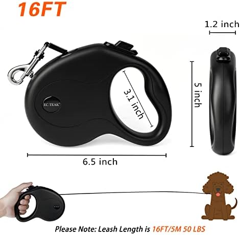 Retractable Dog Leash, 16 FT Dog Leash Retractable for Small/Medium/Large Dogs up to 50 lbs, Strong Nylon Tape, Tangle Free, One-Hand Brake (Black, 16 FT)