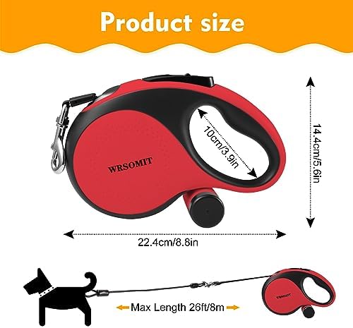 26 Ft Retractable Dog Leash with Chew Proof Cable - Red