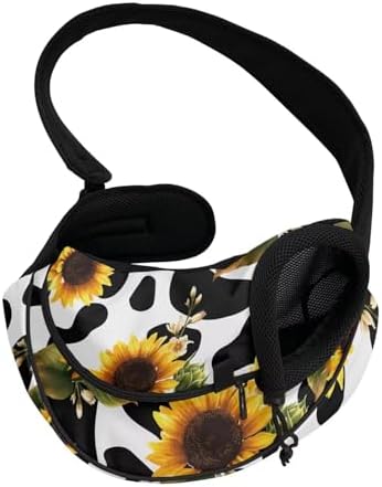 White Cow Print Cat Sling Carrier for Walk Hiking Breathable Mesh Pet Carrier Sling for Puppy Cats Teacup Toy Breed Puppies Yorkies Chihuahuas Hands Free Pet Travel Crossbody Bag