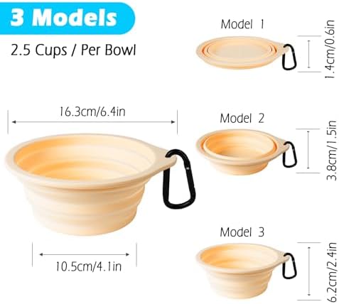 PetBonus 2-Pack Silicone Collapsible Dog Bowls, BPA Free Dishwasher Safe, Portable Foldable Expandable Travel Bowl, Food Water Feeding Cup Dish for Dogs Cats with 2 Carabiners(Light Mint,Beige Cream