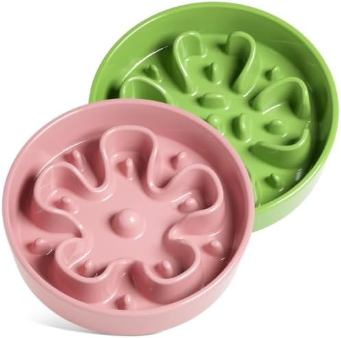 LE TAUCI Dog Bowls Slow Feeder Ceramic, 1.5 Cup Slow Feeding Bowl for Small and Medium Breed, Puzzle Dog Food Bowl for Fast Eater, Pink+Green
