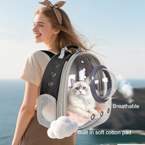 Front Extension Cat Backpack Carrier, Pet Travel Backpack for Kitten and Small Dogs, Clear Bubble Window Space Capsule Astronaut Liked Portable Vet Visit Book Bag Airline Approved