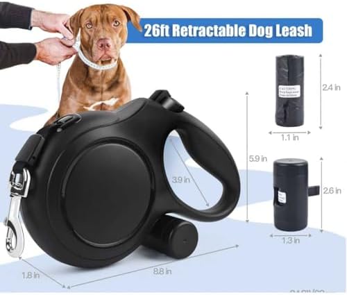 26 ft Retractable Dog Leash - Heavy Duty Retractable Pet Leash with Anti-Slip Grip for Medium to Large Dogs up to 110 lbs (Black)
