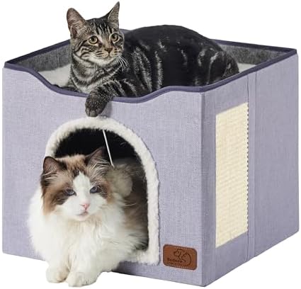 Bedsure Cat House Bed for Indoor Cats with Fluffy Ball and Scratch Pad