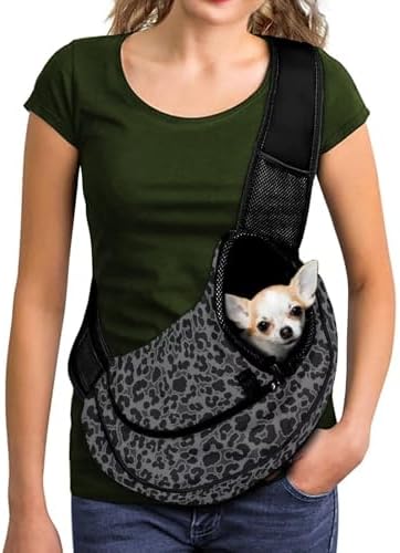 Black Leopard Print Dog Carrier Sling Mesh Dog Slings for Small Dogs Portable Cat Sling for Travel Walk Hiking Adjustable Strap Puppy Carrier Shoulder Bag