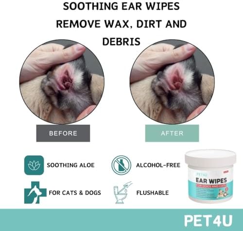 Gentle Ear Wipes for Dogs and Cats - 120 Wipes - Soothes Irritation, Removes Wax & Dirt - Safe for Sensitive Ears, with Aloe Vera & Castor Oil - Biodegradable & Flushable