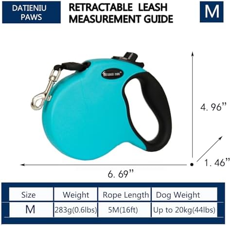 Medium 16 FT Retractable Dog Leash – Adjustable Hands-Free Leash for Dogs Up to 44lbs, Tangle-Free Nylon with Ergonomic Grip for Walking, Training & Outdoor Safety Blue M