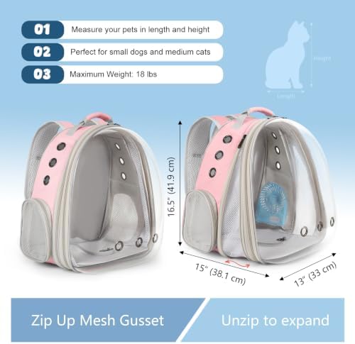 Cat Backpack Carrier with Fan, Space Capsule Astronaut Clear Bubble Front Extension to Carry Transport Cat Small Puppy Bunny, 20 Pounds Cat Bookbag (Pink, Gen 1 + Fan)
