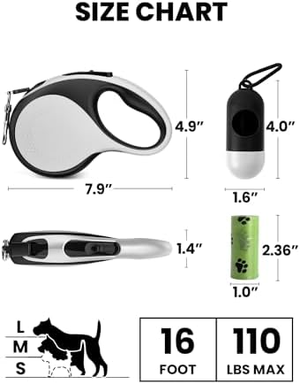 Retractable Dog Leash with Led Light, Douexio 16ft Heavy Duty Dog Leash Retractable for Medium Large Dogs Up to 110lbs,360° Tangle-Free, One-Button Control, High Strength Hook (White, 66-110lbs)