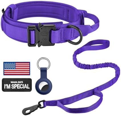 DAGANXI Tactical Dog Collar, Adjustable Military Training Nylon Dog Collar with Control Handle and Heavy Metal Buckle for Medium and Large Dogs, with Patches and Airtags Case (Purple-Set, M)