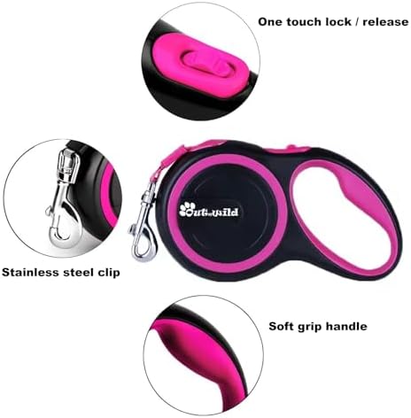 OUTnWILD Retractable Dog Leash, 16 ft Heavy Duty Dog Leash for Large Breeds/Pets Up to 110 lbs, 360° Tangle Free Design with One Touch Quick-Lock Braking System & Anti-Slip Handle. (Pink, L)