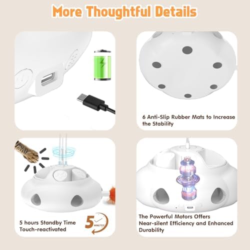 Interactive Cat Toys for Indoor Cats, 4in1 Pet Teaser Toy with Ambush Feather Wand, Motorized Fluttering Butterfly and Slow Feeder, Rechargeable Power Treat Puzzle Toys(White)
