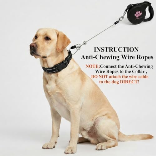Chew Proof Retractable Dog Leash for Large Dogs, 16ft Heavy Duty Dog Lead with Anti-Chewing Steel Wire Rope, Tangle-Free 360° Swivel, One-Hand Brake & Lock, Black L