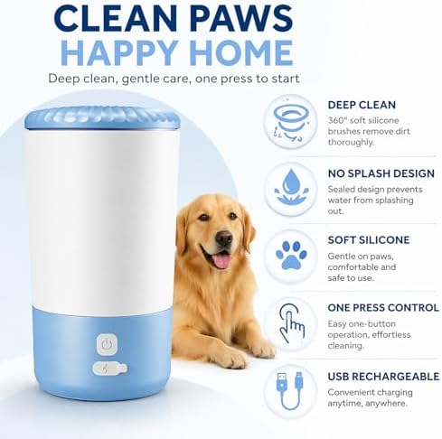 Electric Dog Paw Cleaner Cup – Rechargeable Paw Cleaning Device with Soft Silicone Bristles, Automatic 360° Dog Paw Washer, Portable Pet Foot Washer for Medium Large Dogs