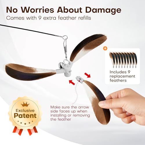 Potaroma Cat Wand Toy, Retractable Carbon Fiber Feather Teaser with Bells